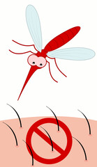 a biting mosquito flying over a skin with a prohibition sign