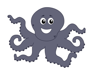 big happy purple and smiling octopus showing it's six tentacles