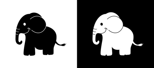a smiling elephant in black and white with a shadow shape
