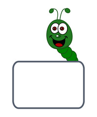 a smiling green caterpillar standing behind a billboard with a grey outline