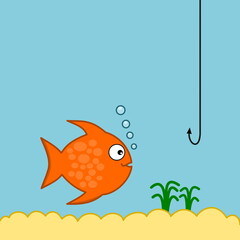 an orange fish swimming in its aquarium and making bubbles