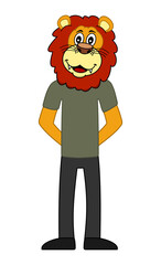 a lion man, with his hands behind his back and dressed in green trousers and t-shirt