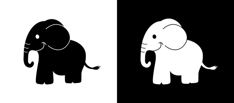 a smiling elephant in black and white with a shadow shape