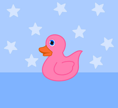 a pink duckling toy taking a bath with baby on a blue starry background