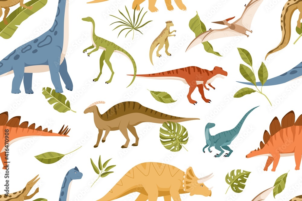 Poster seamless pattern with dinos and leaves on white background. kids design of endless texture of jurass