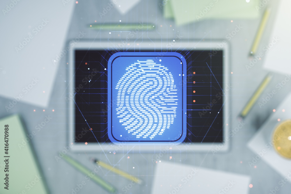 Poster Multi exposure of abstract graphic fingerprint sketch and modern digital tablet on desktop on background, top view, fingerprint scan data concept