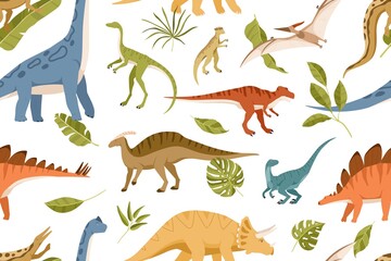 Seamless pattern with dinos and leaves on white background. Kids design of endless texture of Jurassic park with various dinosaurs. Flat cartoon vector illustration for printing © Good Studio