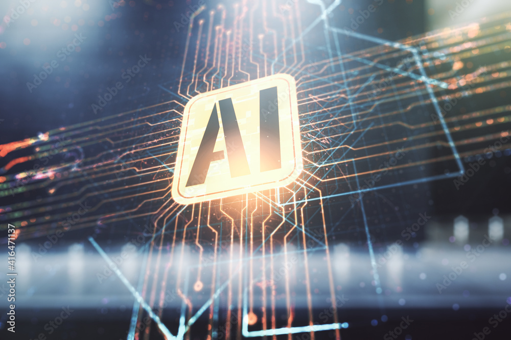 Poster double exposure of creative artificial intelligence icon on modern business center exterior backgrou