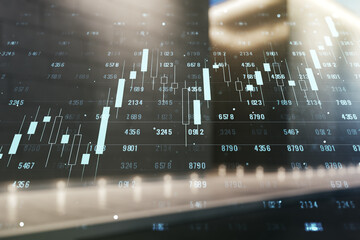 Multi exposure of stats data illustration on blurry modern office building background, computing and analytics concept