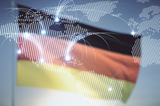 Double exposure of abstract digital world map hologram with connections on German flag and blue sky background, research and strategy concept
