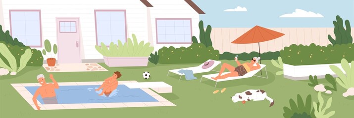 Happy boy spending summer holidays together with his grandparents in backyard of house. Grandson and grandpa swimming in pool, grandma sunbathing outdoors. Colored flat cartoon vector illustration