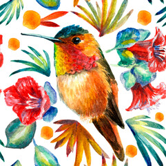 Hummingbirds and flowers pattern. Watercolor composition
