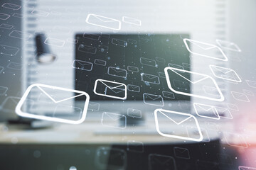 Creative concept of postal envelopes illustration on modern laptop background. Email and communications concept. Multiexposure