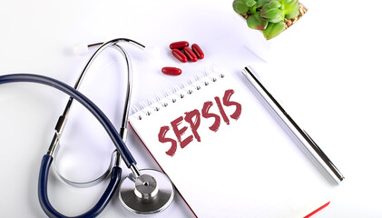 Text SEPSIS on a white background with pills and stethoscope. Medical concept.