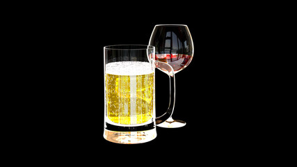 beer and alcohol 3d renders isolated on black, cg 3d illustration of industry