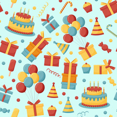 Birthday cream cakes, gift boxes, garlands flat vector seamless pattern. Hand drawn background for a party, holiday