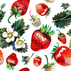 Pattern with strewberries. Watercolor on a white background
