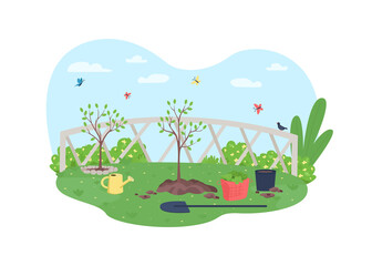 Gardening 2D vector web banner, poster. Horticulture and plant care. Watering stem. Spring yard flat scenery on cartoon background. Tree cultivating printable patch, colorful web element