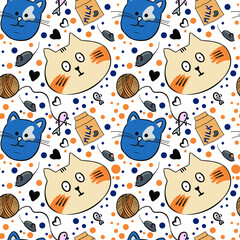 funny cats pattern in sketch style with cats, mouse,fish and dots