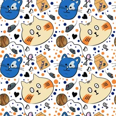 Foto op Aluminium funny cats pattern in sketch style with cats, mouse,fish and dots © Kate