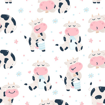 Childish seamless pattern with cows.