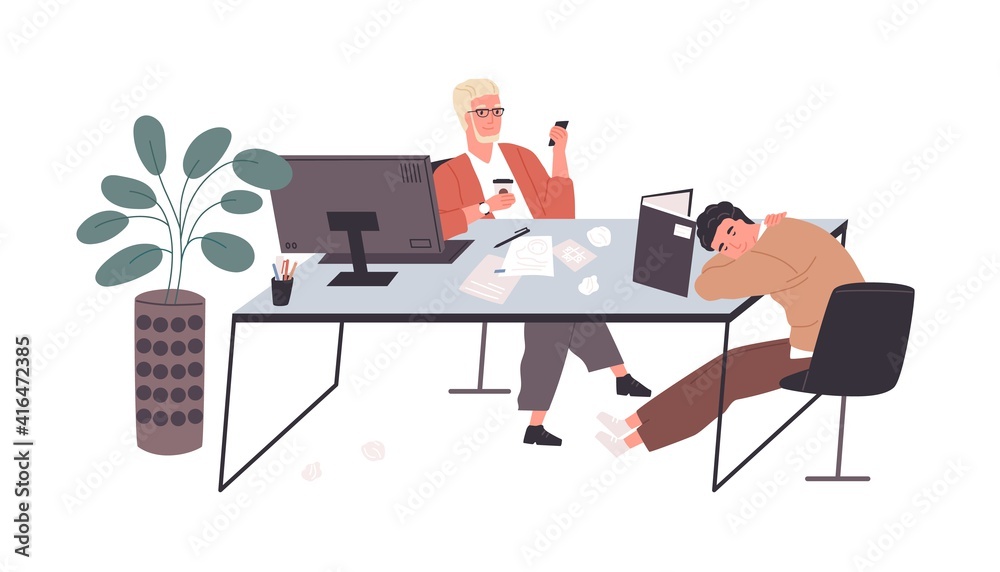 Poster Bored lazy workers relaxing at desk. Clerks sleeping and using phone instead of working. Unproductive people doing nothing and procrastinating. Flat vector illustration isolated on white background