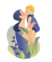 Mother holds a child in her arms, a woman kisses her son, lifts him up and smiles, happy mother and child.Vector illustration.