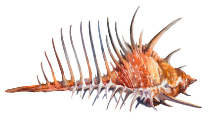 Orange seashell with spikes isolated on a white background. Watercolor painting