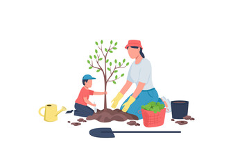 Family planting tree together flat color vector faceless characters. Home yard maintenance. Mom with son. Spring garden work isolated cartoon illustration for web graphic design and animation