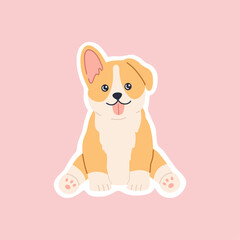 Kawaii breed corgi sitting sticker, funny little dog, cute face with tongue. Friendly happy puppy character. Hand drawn trendy modern illustration in flat cartoon style, isolated on pink background