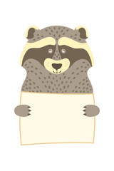 Raccoon Cute cartoon animal holding tag sign with copy space. set greeting card banner invitation flyer brochure. cartoon hand drawn style. Little pets with blank marksign information plate
