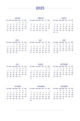 2025 calendar set in classic strict style. wall table calendar schedule, minimal restrained business design for notebook and planner. Week starts on sunday