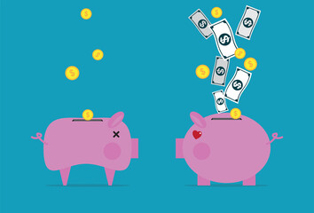 Piggy bank with little money and a lot of money