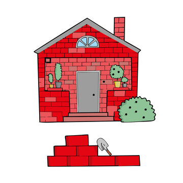 Brick house on white background Cute Cartoon Vector illustration. 