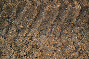Wheel tracks on the soil. Tire tracks on the ground. Soil texture background. Ground. Soil closeup and high detail. Ground surface. Late fall. Autumn