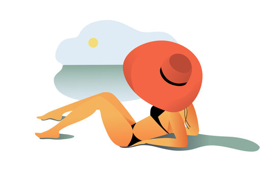 woman sunbathing orange hat beach scene clip art preview
