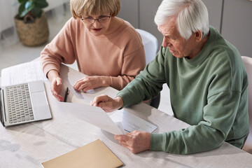 Senior couple sitting at the table with laptop and examining financial documents they paying bills for apartment