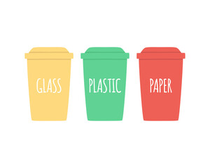 Garbage containers for plastic, glass, waste, waste sorting concept, environmental care. Vector hand-drawn illustration.