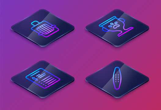 Set Isometric line Pet carry case, Grooming salon price list, award and Nail file pet. Blue square button. Vector.