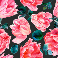 Colorful floral pattern, pink tulips isolated on black background. Watercolor painting