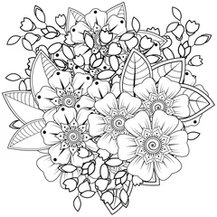 Fototapeten Mehndi flower for henna, mehndi, tattoo, decoration. decorative ornament in ethnic oriental style. doodle ornament. outline hand draw illustration. coloring book page. © REZI