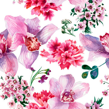 Colorful pattern, pink flowers isolated on white background. Watercolor painting