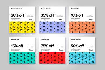 Modern promotion square web banner for social media mobile apps. Elegant sale and discount promo backgrounds with abstract pattern. Email ad newsletter layouts.