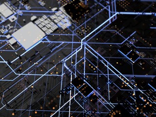 details of computer circuit boards close up. 3d render on the topic of technology