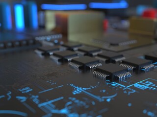 computer chips close up. 3D render on the topic of technologies and large calculations