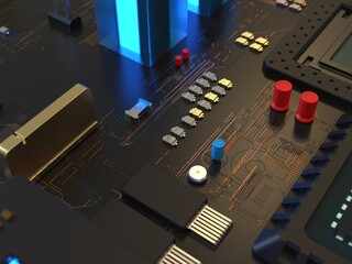 computer chips close up. 3D render on the topic of technologies and large calculations