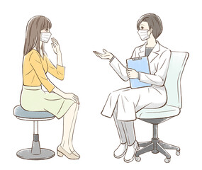 カウンセリングするドクターと女性患者＿マスクあり背景なし