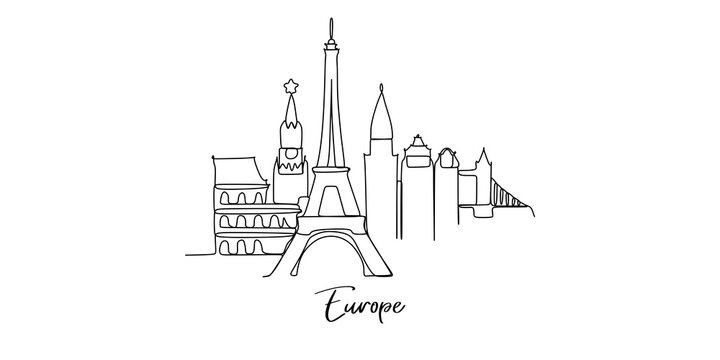 Europe landmarks skyline - continuous one line drawing