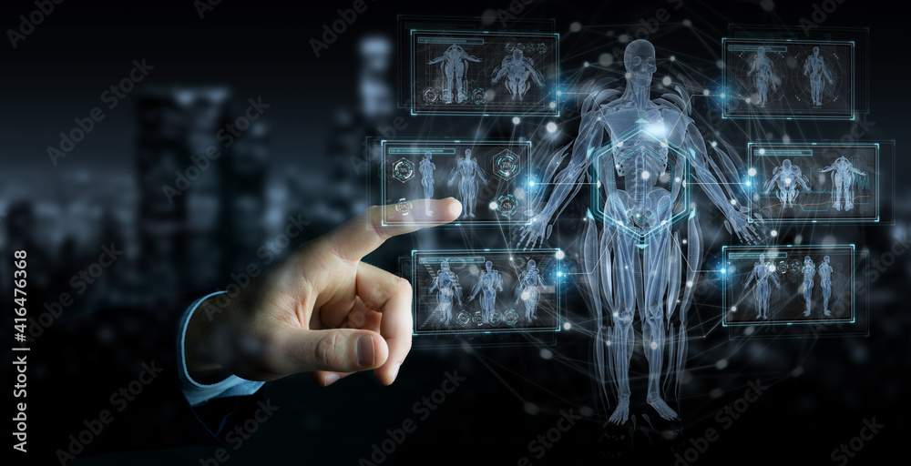 Poster Man hand using digital x-ray human body holographic scan projection 3D rendering