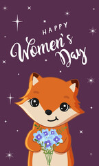 Fototapeta premium Cute fox holding bouquet. Funny animal. Happy Women's Day.